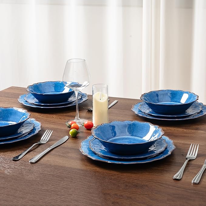 LEHAHA Farmhouse Melamine Dinnerware Sets-Lightweight Durable BPA Free 12 Piece Plates and Bowls Set Blue Dishes Set for Indoor &amp Outdoor Use Perfect for Camping BBQs Parties