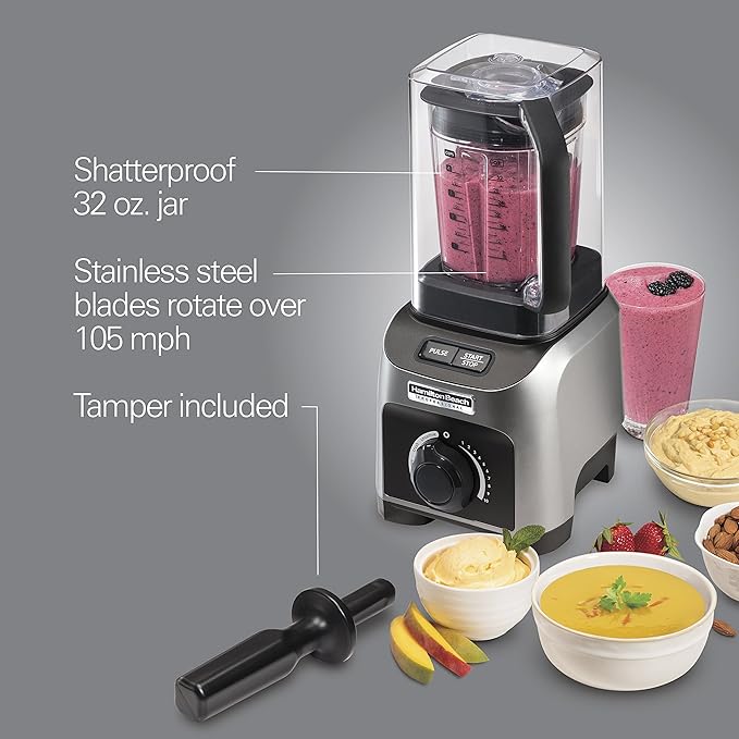 Hamilton Beach Professional Quiet Shield Blender 1500 Watts Peak Power 32oz BPA Free Jar 4 Programs &amp Variable Speed Dial for Smoothies Ice Crush Puree Silver (58870)