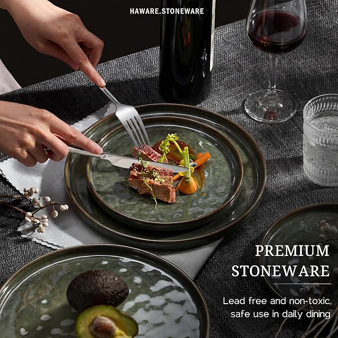 HaWare Dinnerware Sets 18-Piece Plates and Bowls Set Stoneware Dish Set for 6 Ceramic Dinnerware for Home Restaurant Chip and Scratch Resistant Microwave and Dishwasher Safe Reactive Moss Green