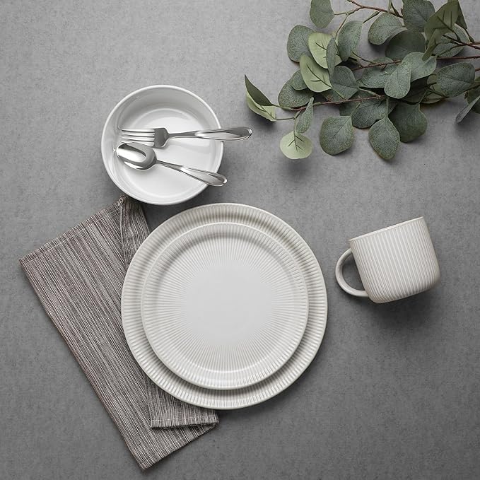 TABLE 12 Dinnerware Set Parchment Embossed Dish Set for 4 with Dinner Plates Dessert and Salad Plate Set Bowl Set and Mugs Simple Modern Kitchenware White 16-Piece