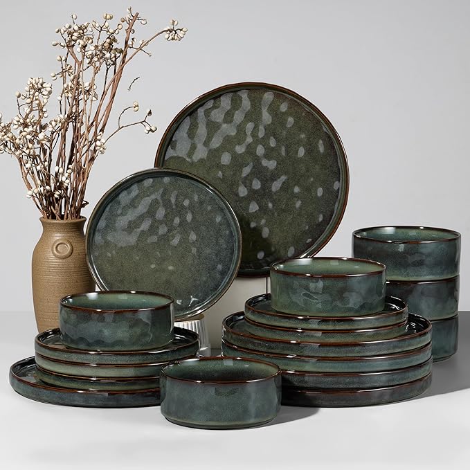 HaWare Dinnerware Sets 18-Piece Plates and Bowls Set Stoneware Dish Set for 6 Ceramic Dinnerware for Home Restaurant Chip and Scratch Resistant Microwave and Dishwasher Safe Reactive Moss Green