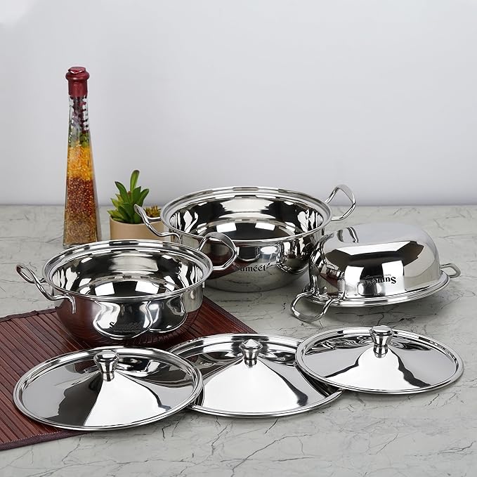 Sumeet Big Size Stainless Steel Cook and Serve Induction Handi Set with Lid and Handle Set of 3Pc 1200ML1650ML &amp 2050ML Silver