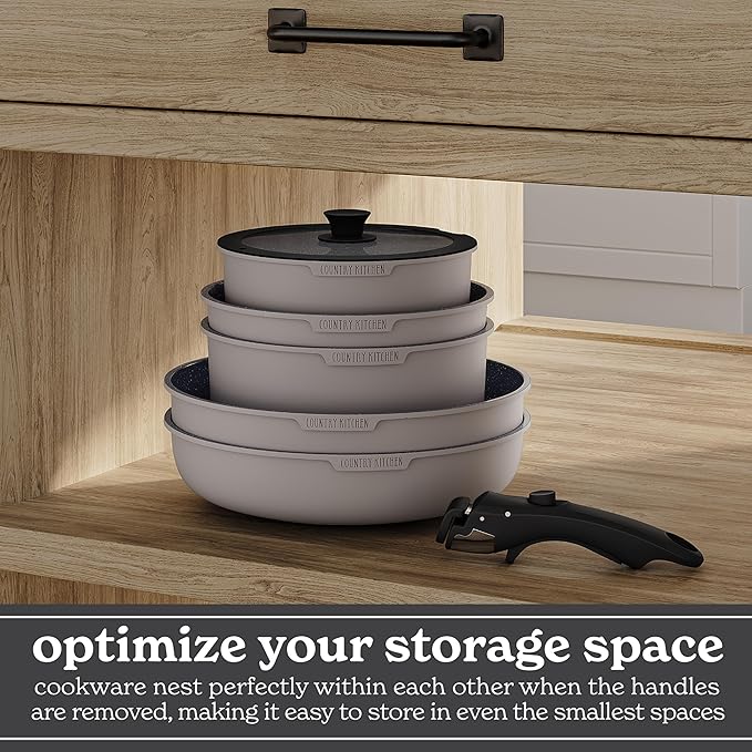 Country Kitchen Cookware Set with Removable Handle Oven &amp RV Safe Pots and Pans Set Grey/Black Original