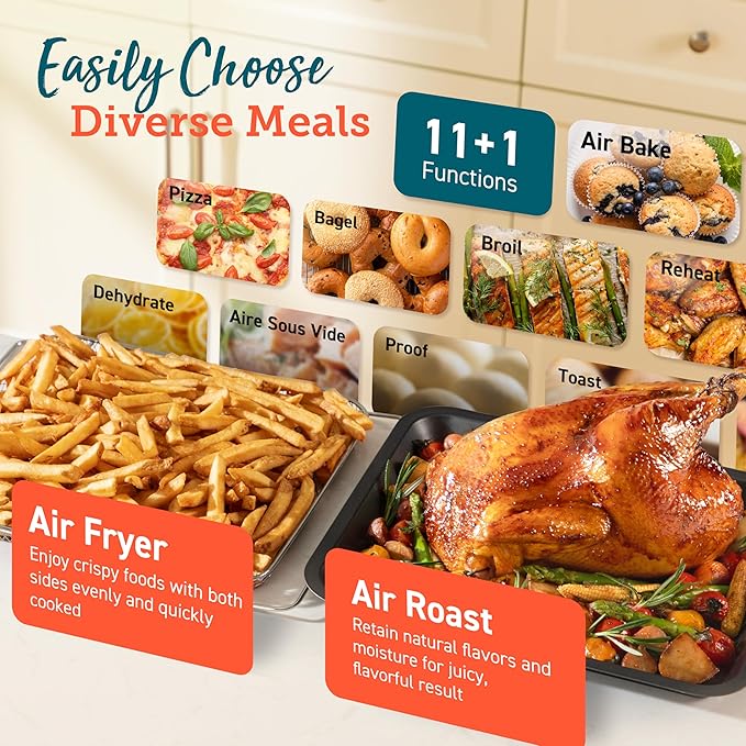 COSORI 11-in-1 Ceramic Air Fryer Toaster Oven Combo Flat-Sealed Heating Elements for Easy Cleanup Innovative Burner Function 5 Accessories &amp Recipes 26QT Silver Stainless Steel