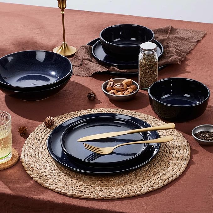 LIANYU 24 Piece Dinnerware Plate and Bowls Dishes Sets for 8 Modern Stoneware Ceramic Set Kitchen Round Dinning Ware Dishware Set Dishwasher and Microwave Safe Midnight Blue