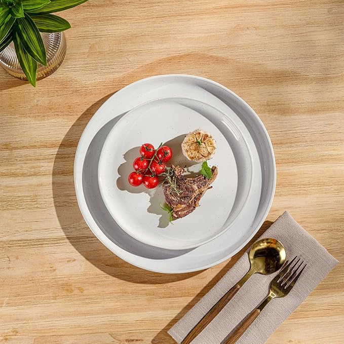 GBHOME 24-Piece Ceramic Dinnerware Set for 6 Handpainted Plates Pasta Bowls &amp Bowls Set with Rustic Terracotta Underside Scratch-Resistant Dishwasher &amp Microwave SafeSpeckled Glaze White