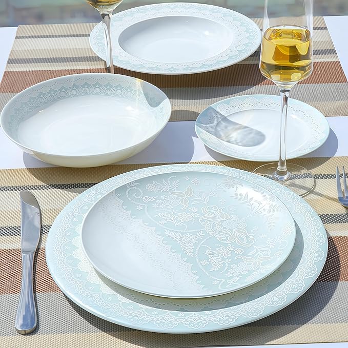 Fine Bone China Dinnerware SetPorcelain&ampCeramic Dinnerware SetsBone Stoneware &amp Ceramic Cookware Tableware Set Includes Dinner Plates|Spoons|Pasta Bowls|Soup Pot|Chopsticks (50PCS * 8-Person