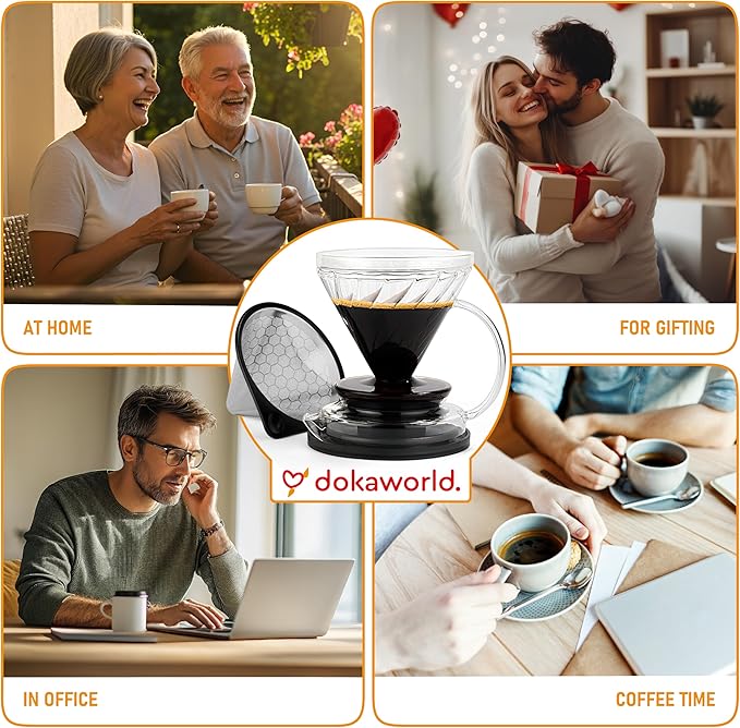 Pour Over Coffee Maker – Borosilicate Glass Dripper with Stainless Steel Reusable Filter Manual Eco Brewer Plastic-Free Non-Toxic Coffee Station Innovation Infuser for Daily Brewing