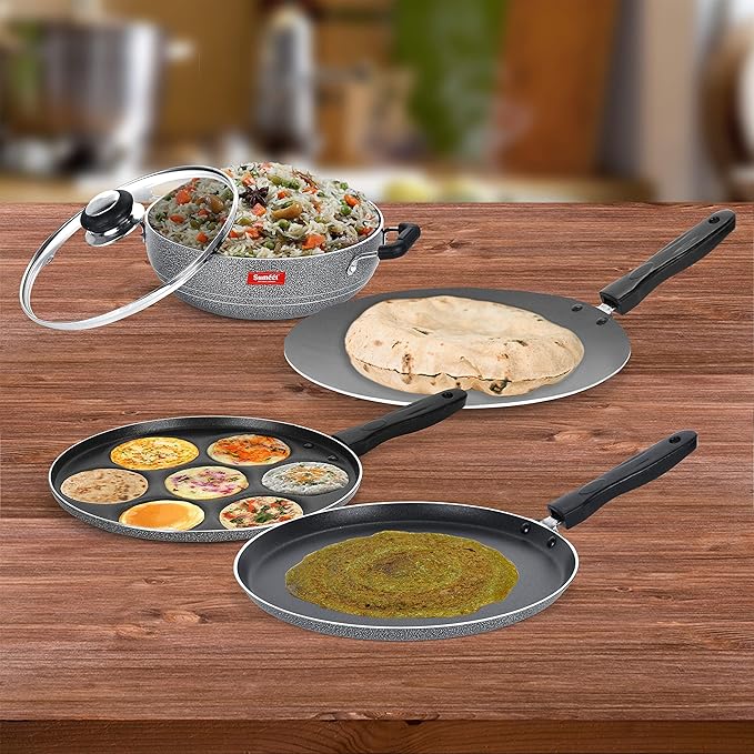 Sumeet NonStick Svartur Cookware Set (Dosa Tawa - 26.5Cm Dia + Multi Snack Maker - 7 Cavity - 26.5Cm Dia + Kadhai with Glass Lid -2Ltr - 22Cm Dia + Conceve/Roti Tawa - 28Cm Dia)