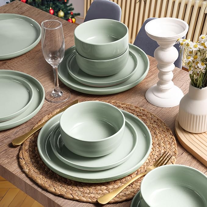 HaWare Dinnerware Sets 28 Pieces Stoneware Plates and Bowls Set Ceramic Dish Set for Home Restaurant Chip and Scratch Resistant Microwave &amp Dishwasher Safe Speckled Asparagus Green