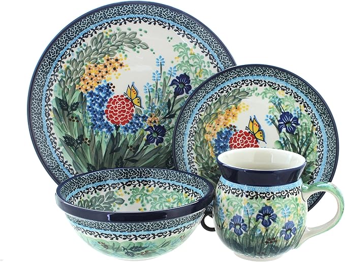 Blue Rose Polish Pottery - Green Teresa 4 PC Place Setting - Service for 1-1 Place Setting - Great for Everyday Dining Casual Dining or as Formal Dinnerware