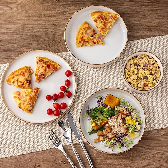 GBHOME Ceramic Dinnerware Sets for 4 12 Pieces Stoneware Plates and Bowls Sets Reactive Glaze Dishes -Scratch Resistant Dishwasher&ampMicrowave Safe-Pearl White