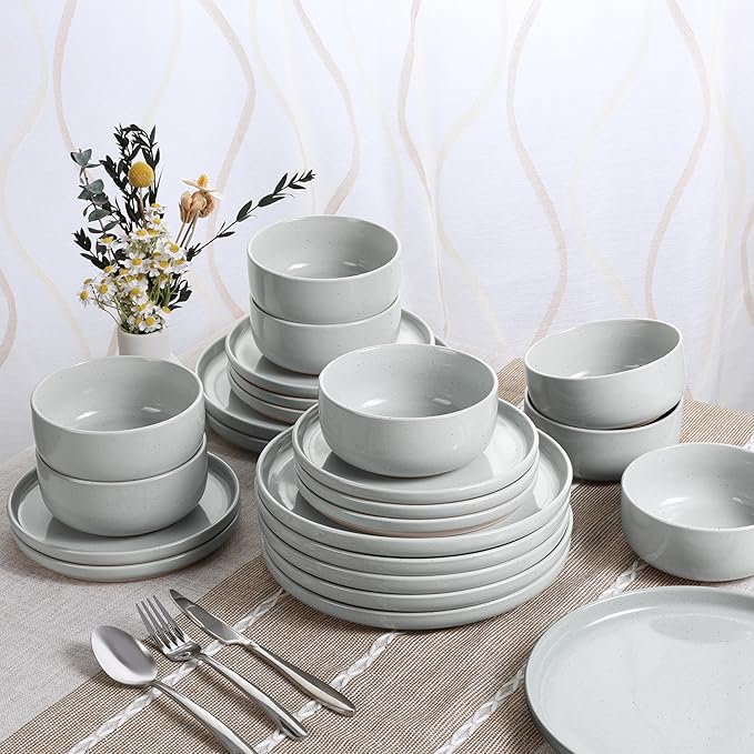 HaWare Stoneware Dinnerware Sets 24-Piece Plates and Bowls Set for 8 Dishes Set for Home Restaurant Speckled Misty Grey