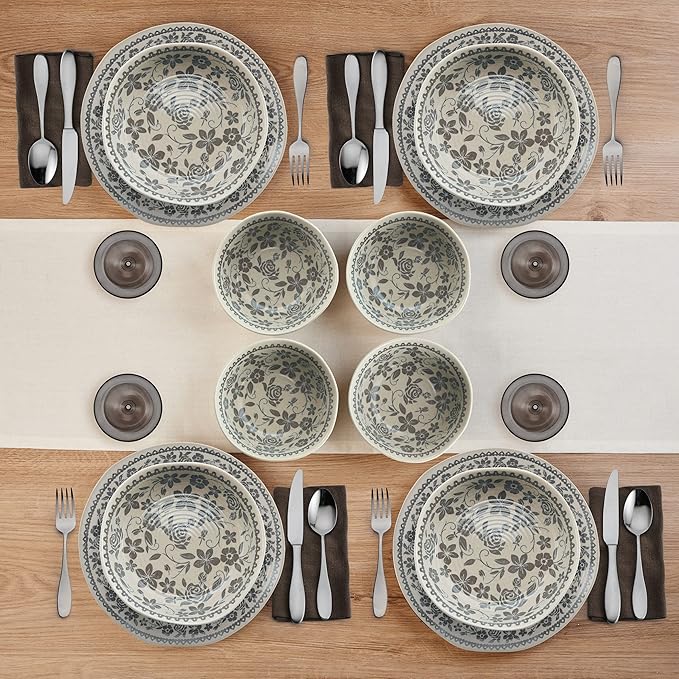 Pfaltzgraff Hayden Floral 12 Piece Dinnerware Set Service for 4 Grey