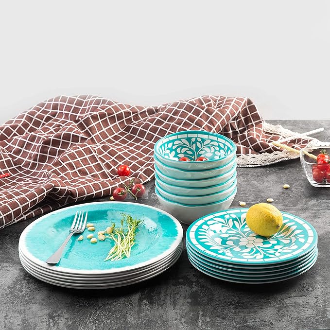 Melamine Dinnerware Sets -12 Piece Plates and Bowls Set for Indoor and Outdoor Use LightweightTeal colorGreen