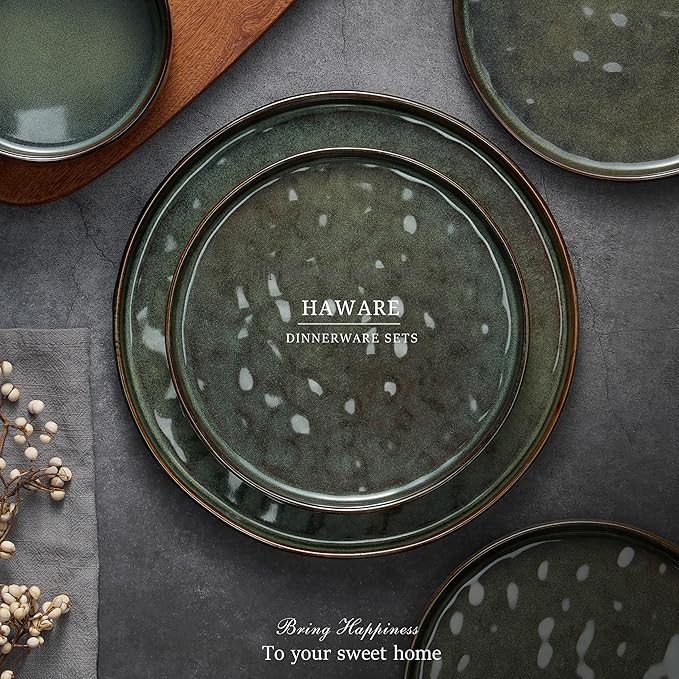 HaWare Dinnerware Sets 18-Piece Plates and Bowls Set Stoneware Dish Set for 6 Ceramic Dinnerware for Home Restaurant Chip and Scratch Resistant Microwave and Dishwasher Safe Reactive Moss Green