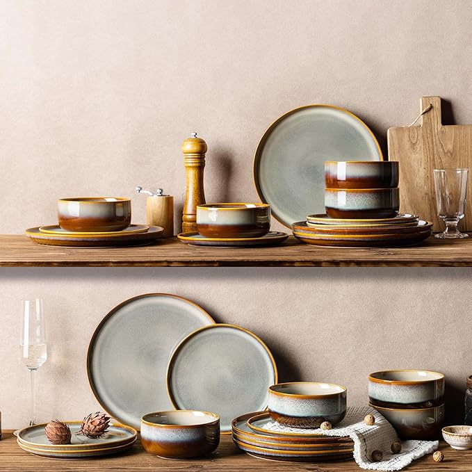 TheTerra Ceramic Dinnerware Sets for 4 12 Pieces Handmade Reactive Glaze Plates and Bowls Set Scratch Resistant Dish Set Oven &amp Microwave &amp Dishwasher Safe Dusk Blue