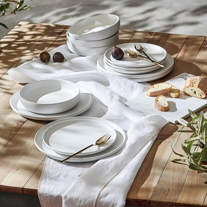 Porto by Stone Lain Macchio 12-Piece Premium Kitchen &amp Dining Dinnerware Set Stoneware White Matte Crafted in Portugal Dishwasher and Microwave Safe Scratch-Resistant Dish Set for 4