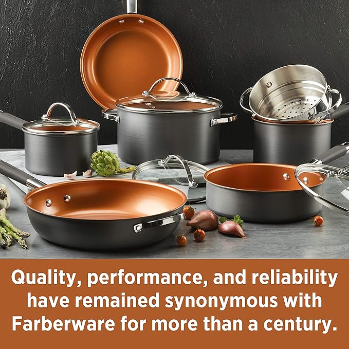 Farberware 80183 Glide Pro Hard Anodized Ceramic Nonstick Cookware Pots and Pans Set 11 Piece Gray