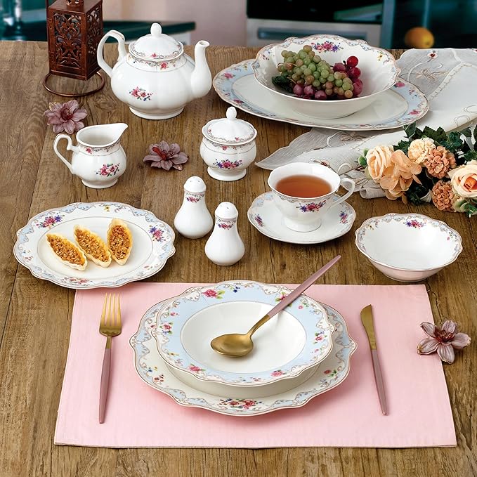 Joseph Sedgh Collection Romantic Bloom 57-Piece Bone China Dinnerware Set Service for 8 Floral with Blue and Gold Trim