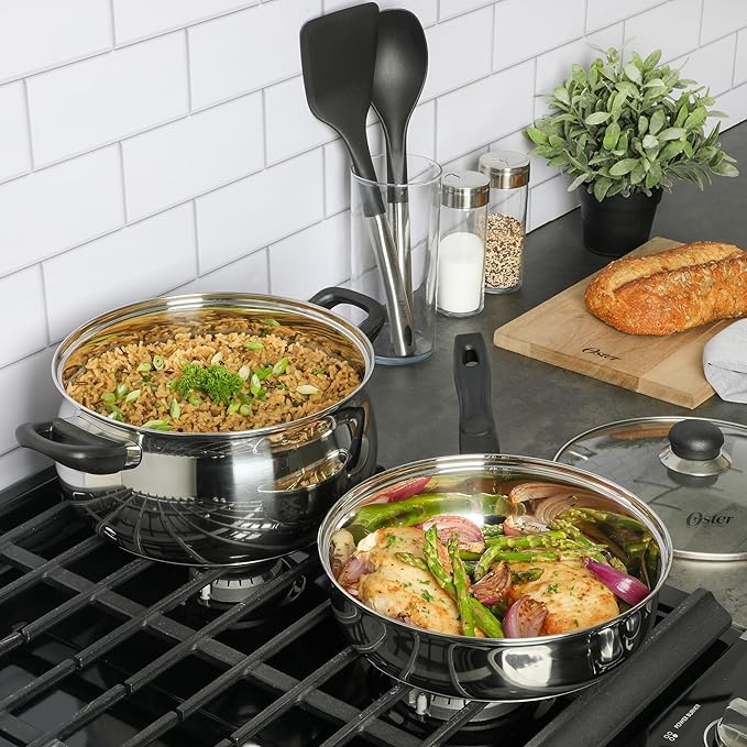 Oster Rametto 5 pc Stainless Steel Pots and Pans Cookware Set w/Kitchen Tools