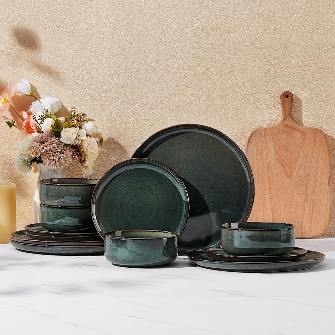 Vesteel Dinnerware Sets for 4 12-Piece Stoneware Dish and Bowls Set Handmade Reactive Glaze Coupe Plates Set for Family Chip &amp Scratch Resistant - Sage Green