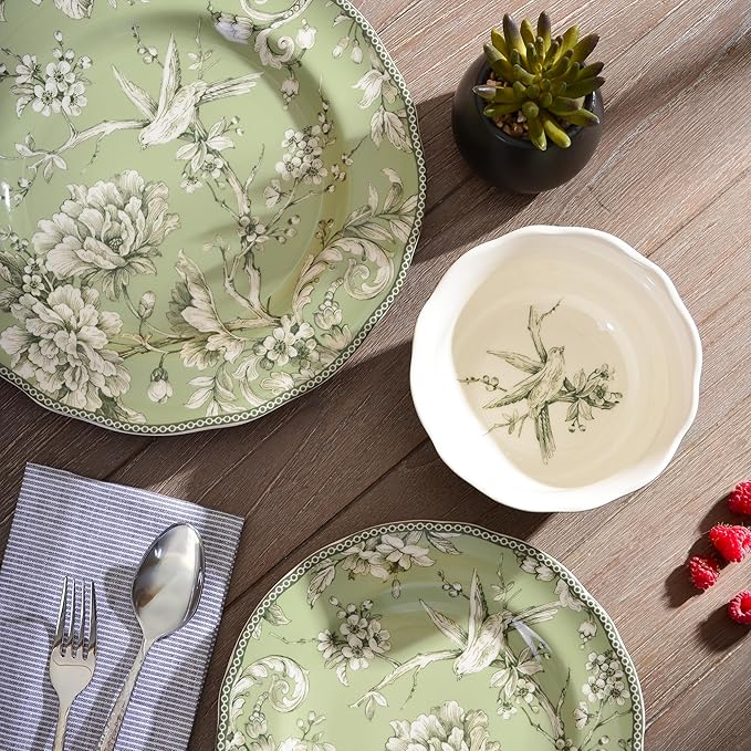222 Fifth Adelaide Sage 12-Piece Green Porcelain Dinnerware Set – Service for 4 Big Dinner Plates and Bowls Sets Green with White Floral Pattern for Daily Entertainment Microwave &amp Dishwasher