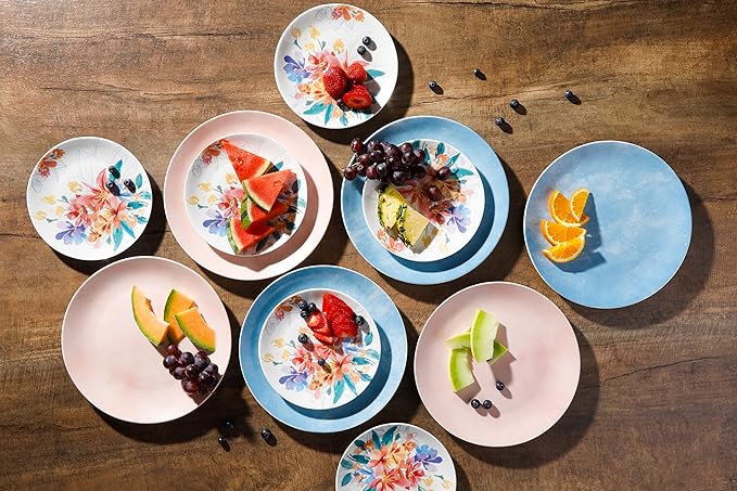 Spice by Tia Mowry Goji Blossom Decorated Porcelain Chip and Scratch Resistant Dinnerware Set Pink 12-Piece