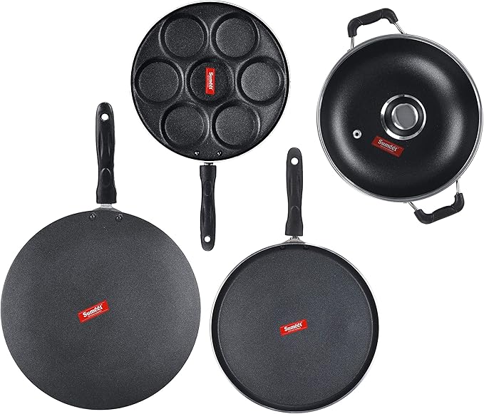 Sumeet NonStick Svartur Cookware Set (Dosa Tawa - 26.5Cm Dia + Multi Snack Maker - 7 Cavity - 26.5Cm Dia + Kadhai with Glass Lid -2Ltr - 22Cm Dia + Conceve/Roti Tawa - 28Cm Dia)