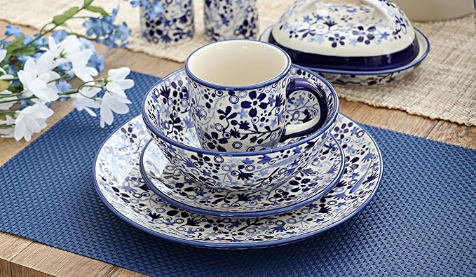 Blue Rose Polish Pottery - Blue Darcy 16 Piece Dinner Set - 4 Place Settings - Great for Everyday Dining Casual Dining or as Formal Dinnerware