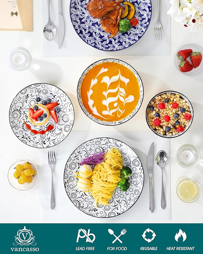 vancasso SELENE Plates and Bowls Set for 6 24 Pieces Dinnerware Sets Mircowave and Dishwasher Safe Dishes Set Porcelain Muted Dinnerware