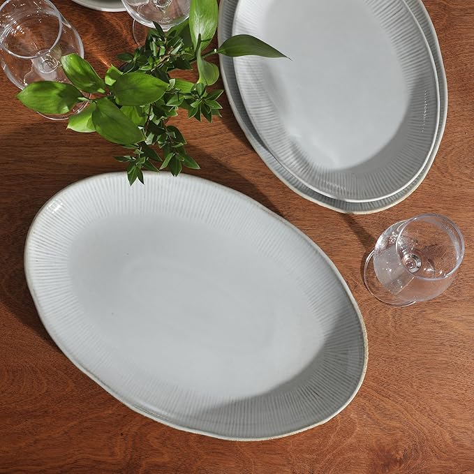 Gibson Elite Sandy Pines 3 Piece Oval Platter Set 15.7” 13.75” &amp 12” Stoneware Serving Platters Reactive Glaze Finish Taupe Microwave &amp Dishwasher Safe