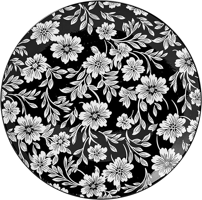 Pfaltzgraff Midnight Blooms 12 Piece Floral Stoneware Dinnerware Plate Bowl Dish Set Service for 4 Black