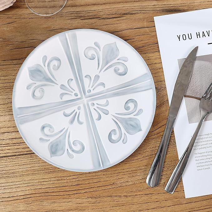 Melamine Dinnerware Set12pcs Embossed Plates and Bowls Sets Plastic Dinnerware Dishes Set for 4 Lightweight Unbreakable Dishwasher SafeWhite&ampGrey