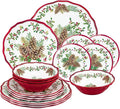 UPware 16 Piece Pinecones Melamine Dinnerware Sets Outdoor Dishes Set Plates and Bowls Sets Christmas Decorations Service for 4 Red