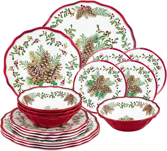 UPware 16 Piece Pinecones Melamine Dinnerware Sets Outdoor Dishes Set Plates and Bowls Sets Christmas Decorations Service for 4 Red