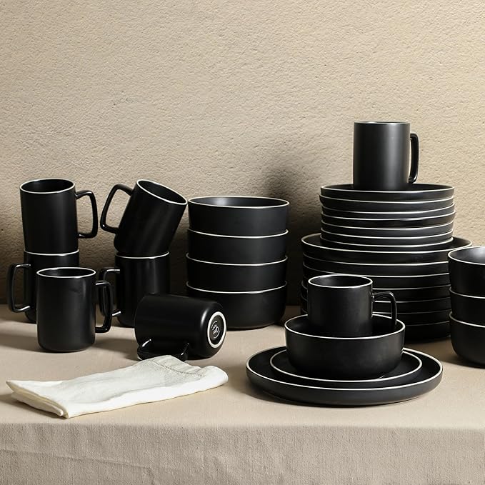 Gibson Home Zuma Nuevo 32 Piece Plates Bowls and Mug (Service for 8) Dinnerware Set - Black