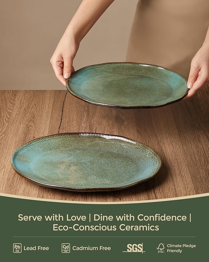 14 Pieces Dinnerware Sets with Serving Platters Brown Green