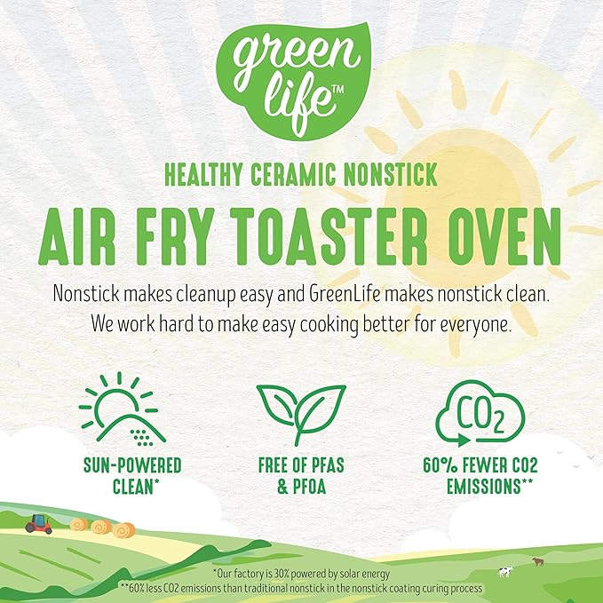 GreenLife Countertop Toaster Oven Air Fryer Stainless Steel Healthy Ceramic Nonstick PFAS Free Tray &amp Basket Bake Broil Reheat Adjustable Temp &amp Time Control Auto Shutoff Turquoise