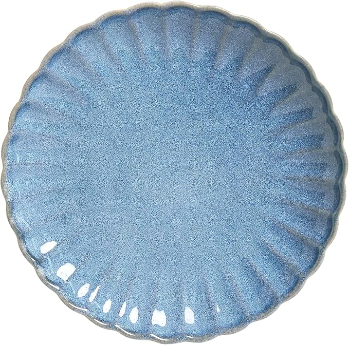 Sango 12 Pieces Stoneware Dinnerware Set Modern Reactive Blue Dishes for 4 Premium Serving Plates and Bowls Sets Chip Resistant Plate Ceramic Dishware Kitchen Dish Set Scallop Dining Ware Frill