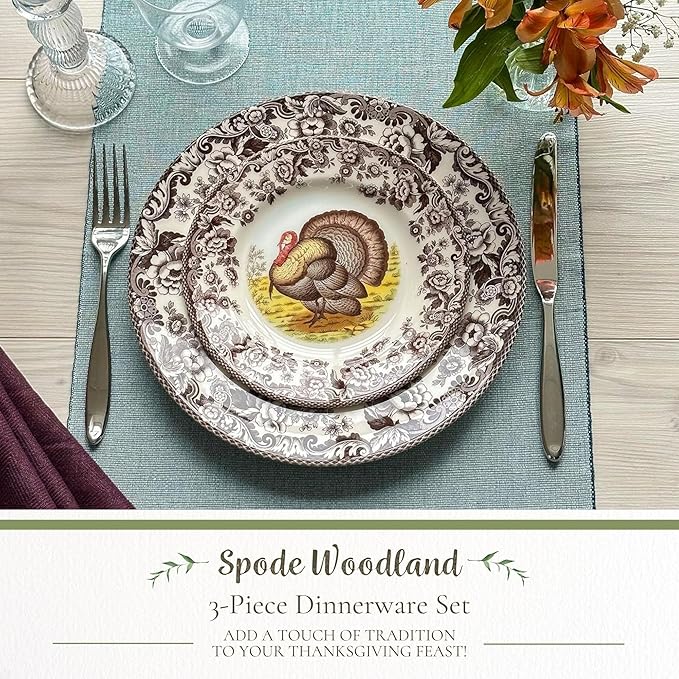 Spode Woodland 3-Piece Thanksgiving Dinnerware Set - Porcelain Plates &amp Bowl Fall Dinnerware Collection - Microwave &amp Dishwasher Safe - Elegant Autumn Tableware