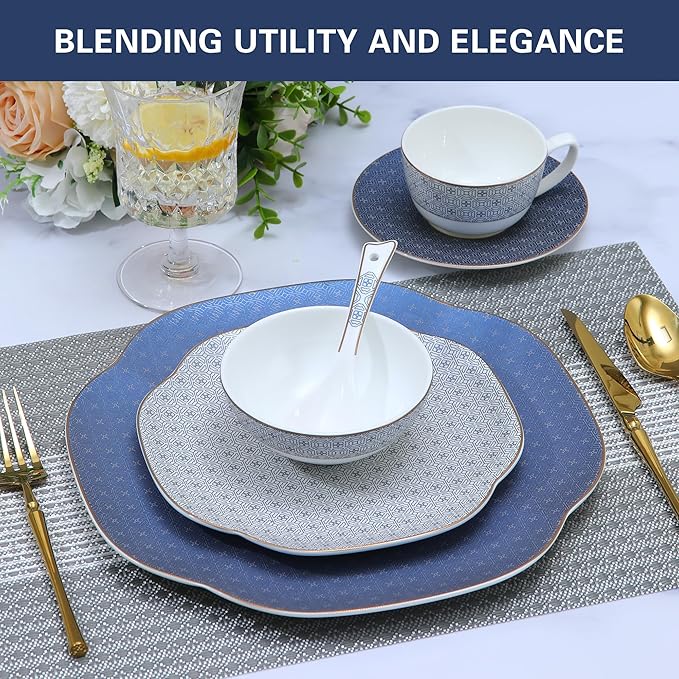 Ceramic Dinnerware Sets for 4 24 Pieces Bone China Plates and Bowls Set with Silver GridScratch Resistant Stoneware Dishes Set with MugsDishwasher &amp Oven Deep Blue
