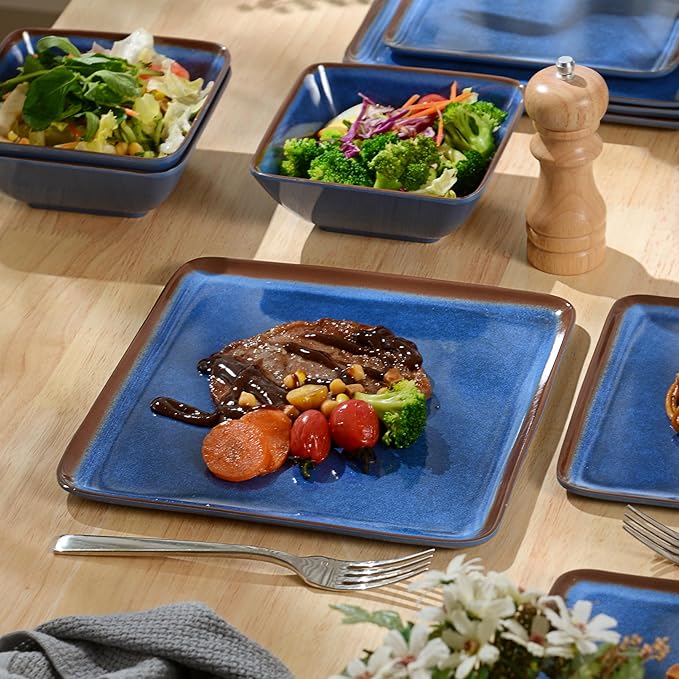 Melamine Dinnerware Sets 12 Pcs Square Plates and Bowls Sets of 4 Unbreakable Dishes Set for Outdoor Use Lightweight Dishware Set for CampingPatio and RV Dishwasher Safe Navy Blue