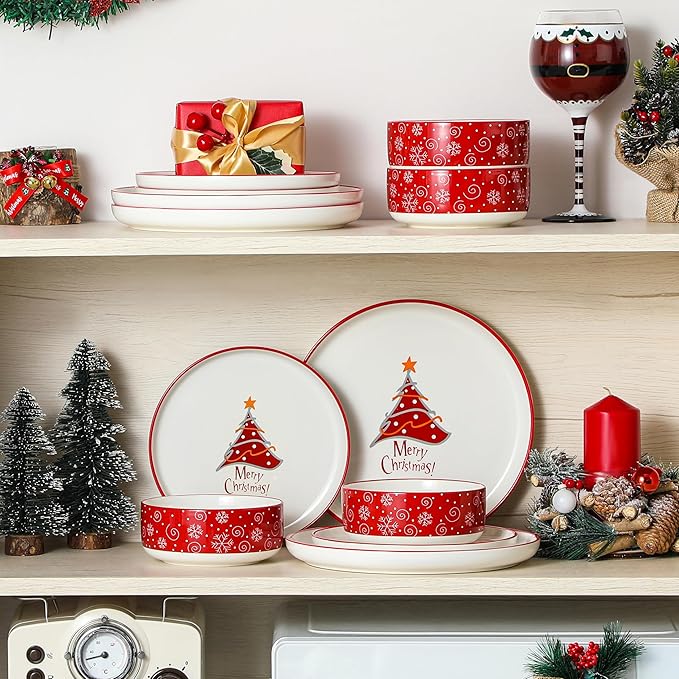 MALACASA Plates and Bowls Sets 12 Pieces Christmas Porcelain Dinnerware Set for 4 Ceramic Dishware Dishes Kitchen Dining Ware Set Microwave and Dishwasher Safe Series LUNA-Christmas Tree