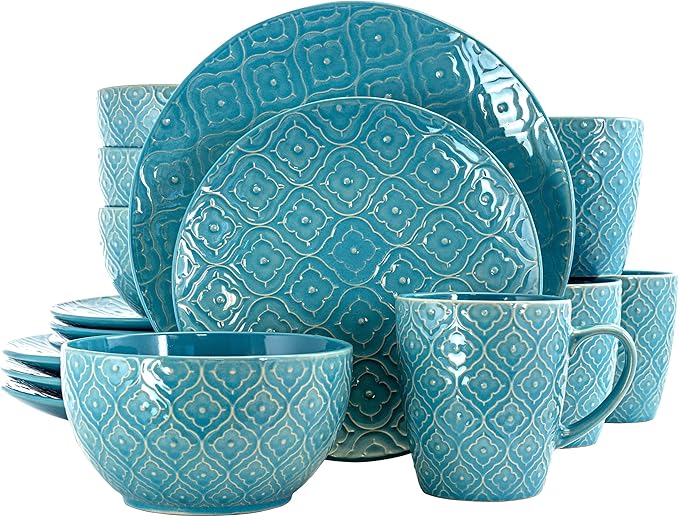 Unknown1 16 Piece Round Stoneware Dinnerware Set in Aqua Blue Textured Casual Microwave SafeMedium