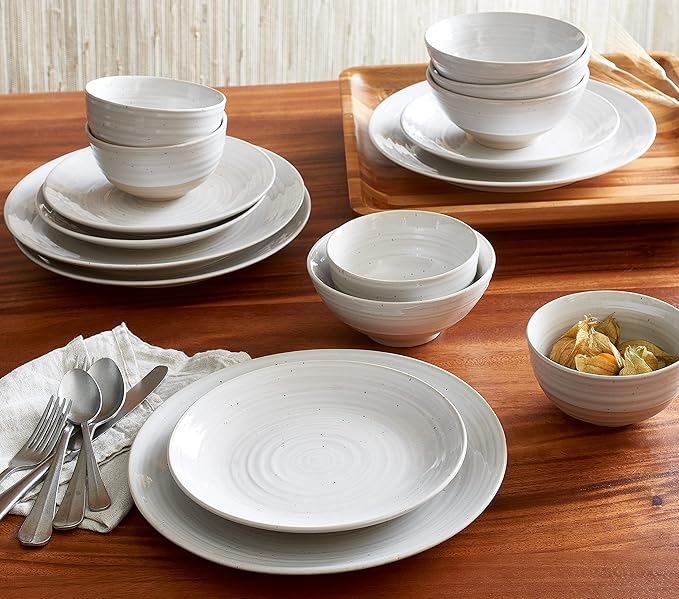 Sango Siterra 16-Piece Rustic White Stoneware Dinnerware Set – Service for 4 White with Glossy Speckle Overlay for Everyday Dining &amp Entertainment Microwave &amp Dishwasher Safe