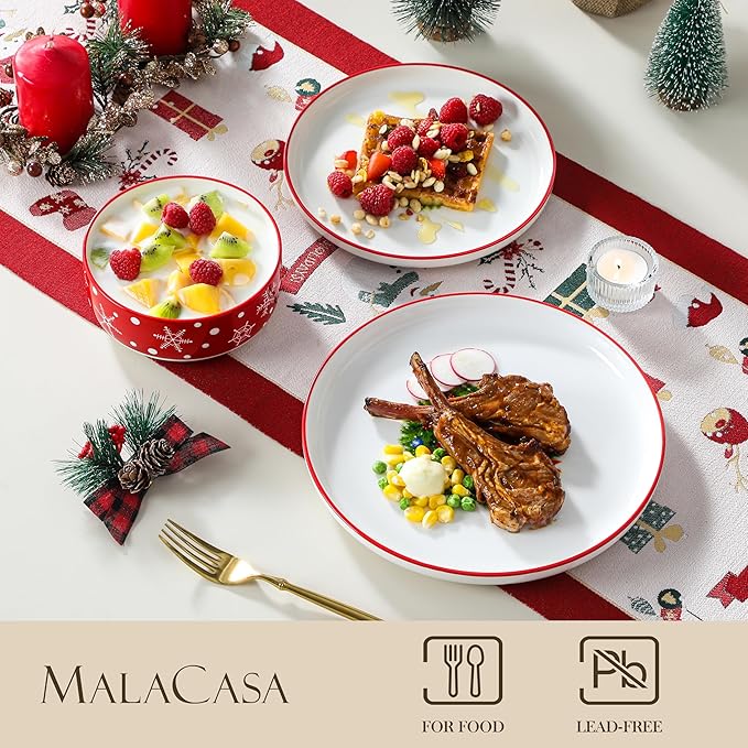 MALACASA Plates and Bowls Sets 12 Pieces Christmas Porcelain Dinnerware Set for 4 Ceramic Dishware Dishes Kitchen Dinner Dining Ware Set Microwave and Dishwasher Safe Series LUNA-Santa Claus