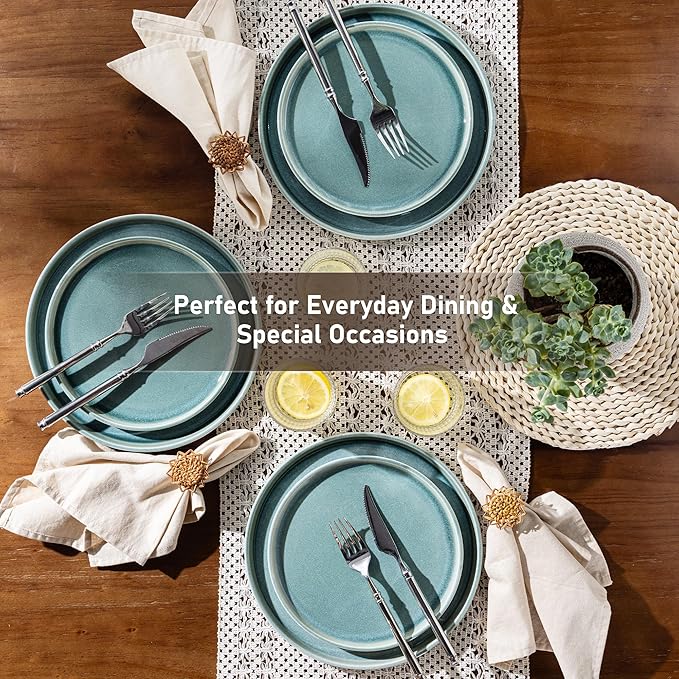 GBHOME Ceramic Dinnerware Sets for 6 18 Pieces Stoneware Plates and Bowls Sets Scratch Resistant Dishes Dishwasher &amp Microwave Safe Reactive Glaze-Malachite Green