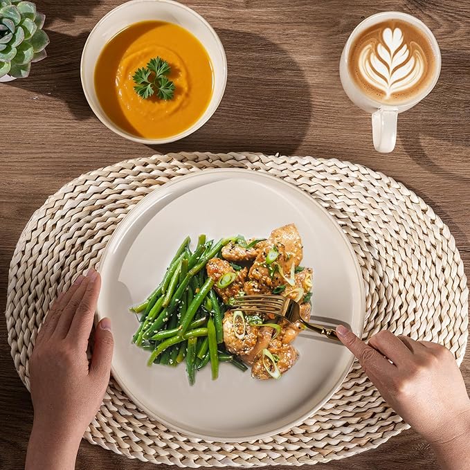 GBHOME Dinnerware Sets for 4 12 Pieces Stoneware Plates and Bowls Sets Scratch Resistant Dishes Dishwasher &amp Microwave Safe Reactive Glaze-Vanilla color