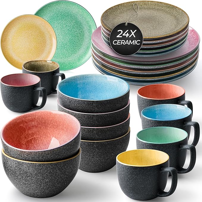 MIAMIO – Dinnerware Set 24-Piece Service for 6 Stoneware Dinner and Side Plates Mugs and Cereal/Pasta Bowls - Dishwasher &amp Microwave Oven Safe Dish Sets – Las Palmitas Collection